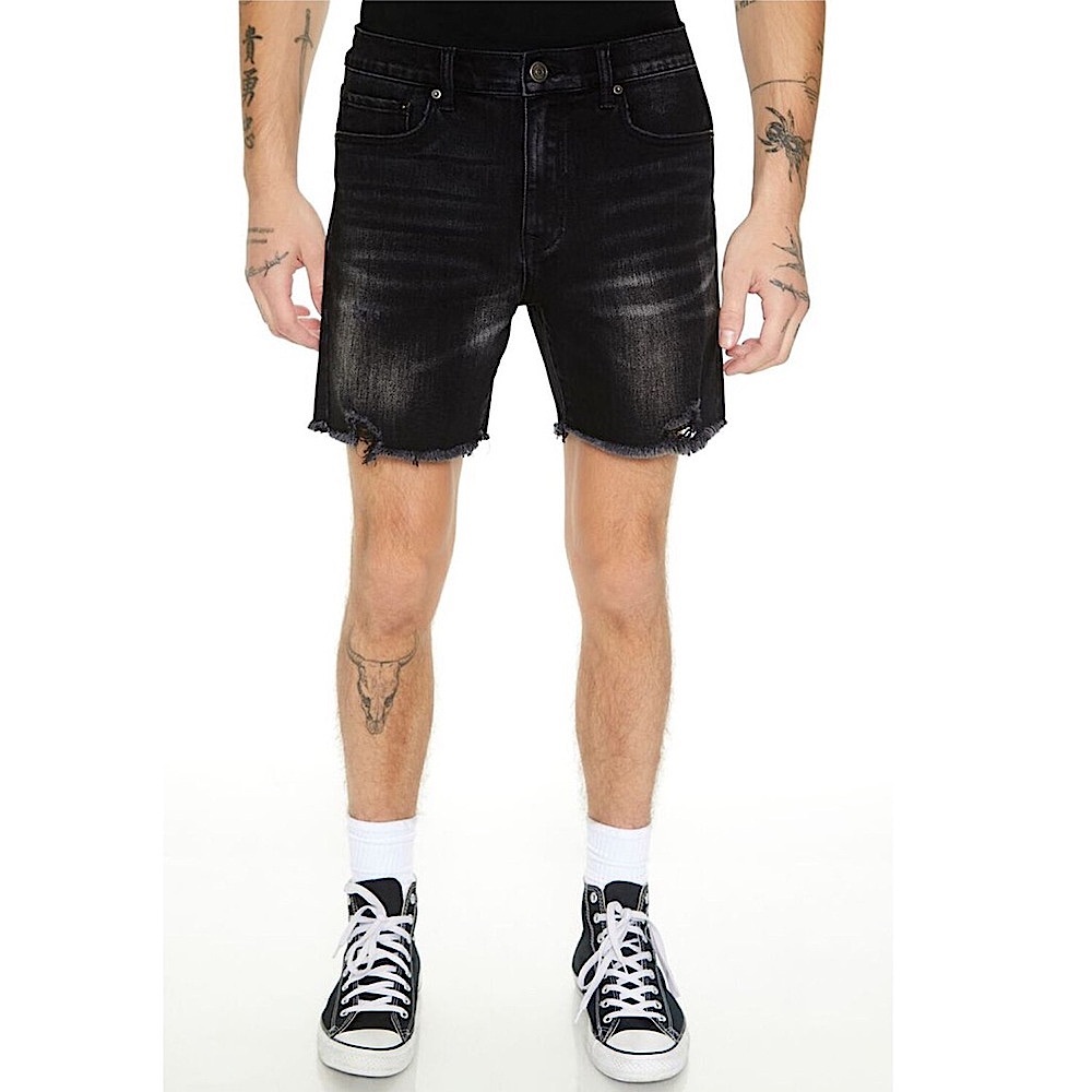 Mens Washed Black Distressed Frayed-Trim Slim Denim Shorts